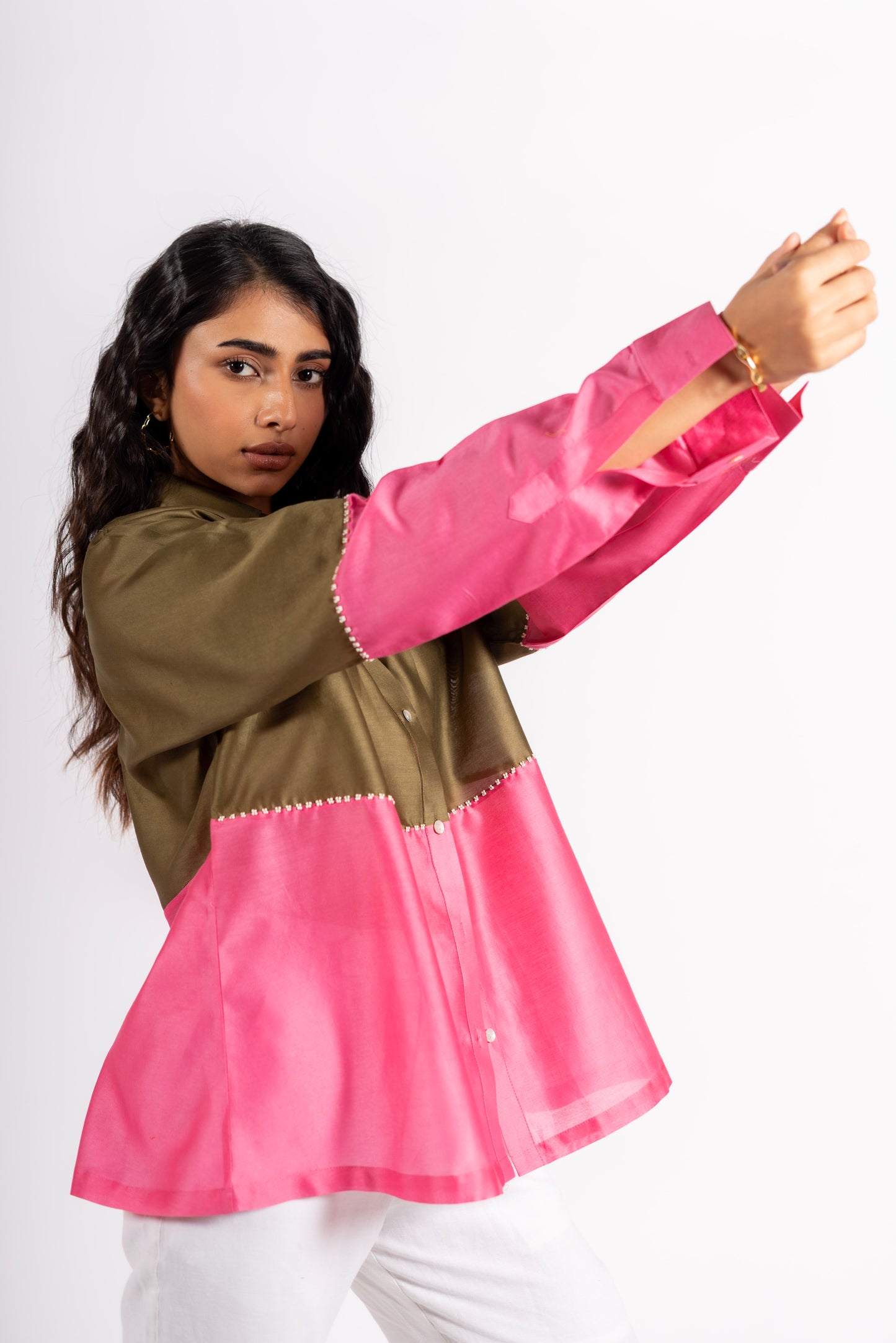 Beanie Shirt Two-Tone Khakhi/Pink