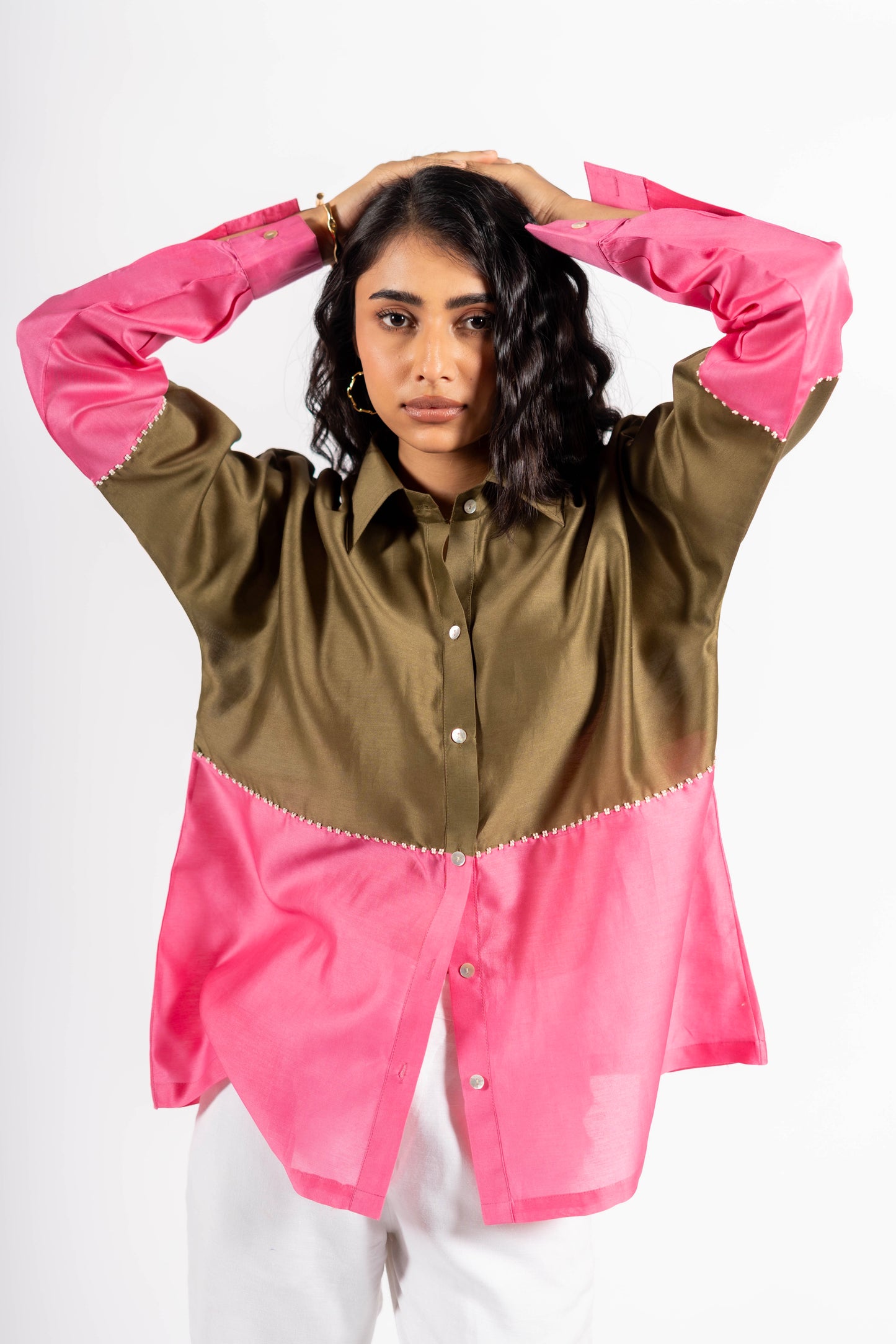 Beanie Shirt Two-Tone Khakhi/Pink