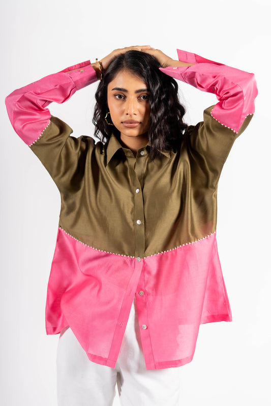 Beanie Shirt Two-Tone Khakhi/Pink